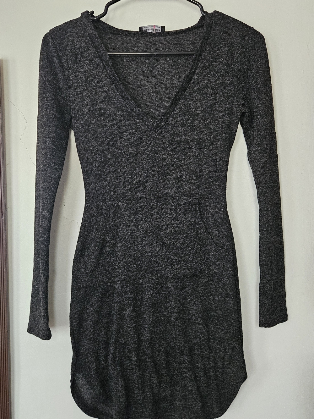 Fashion Nova Charcoal V-Neck Long Sleeve Sweater Dress.